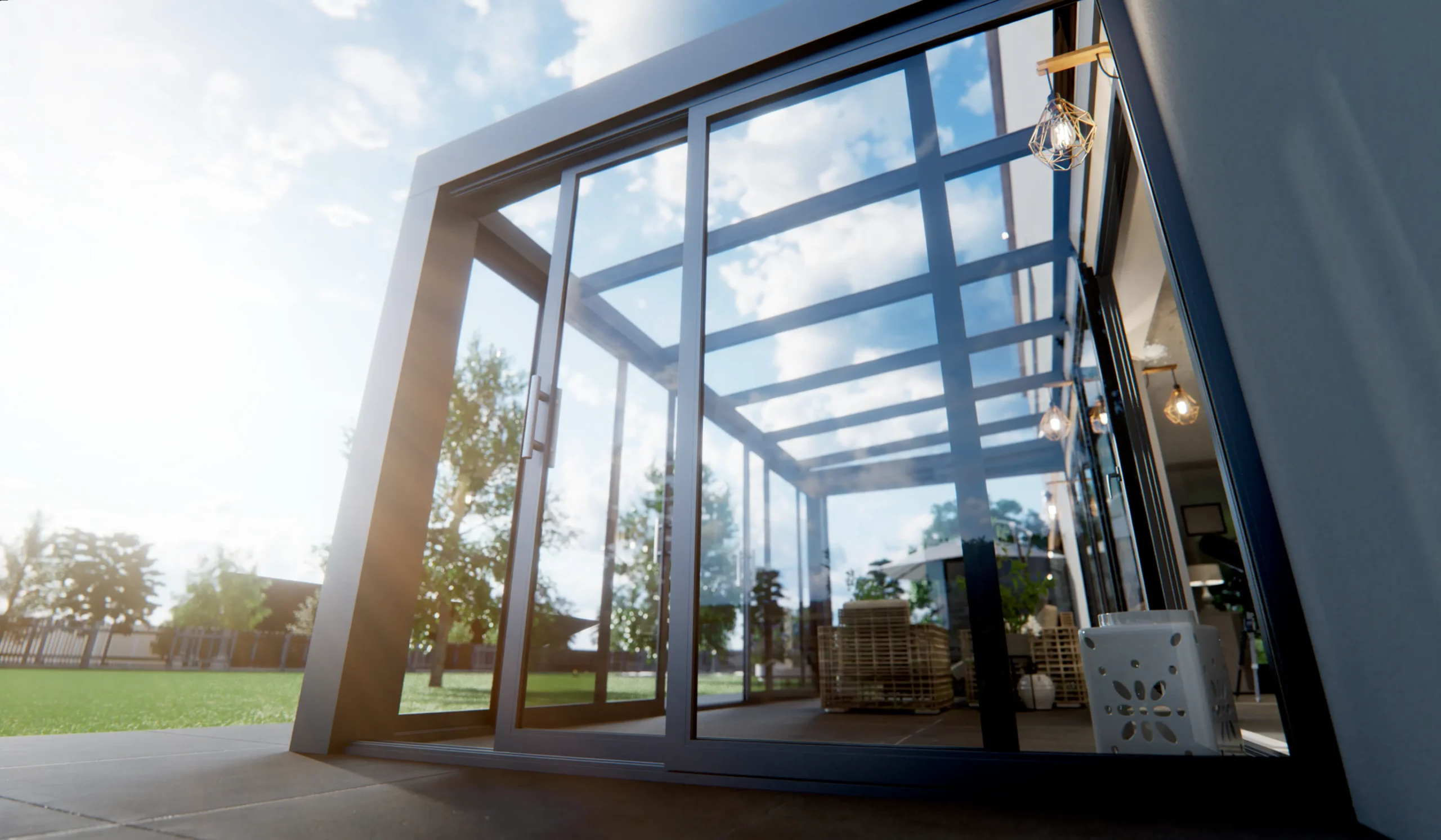 Side view of the TS100 2-part sliding door for verandas