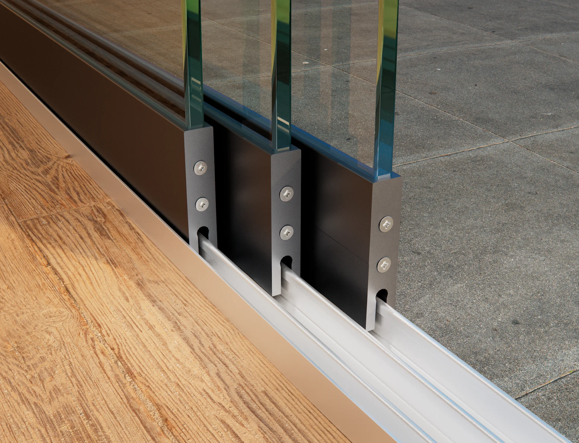 Large close-up of an anthracite glass sliding wall