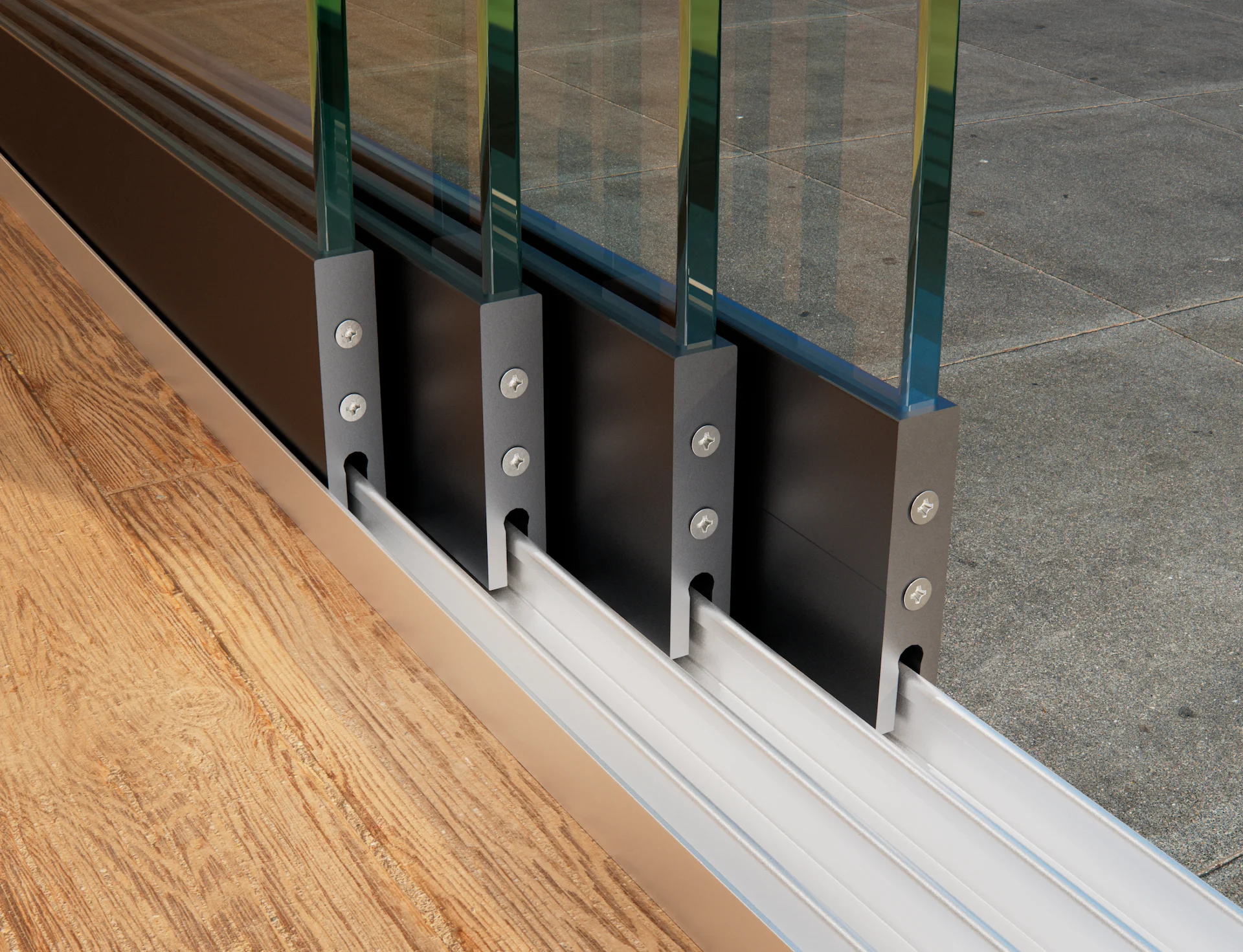 Large close-up of a 4-rail anthracite glass sliding wall