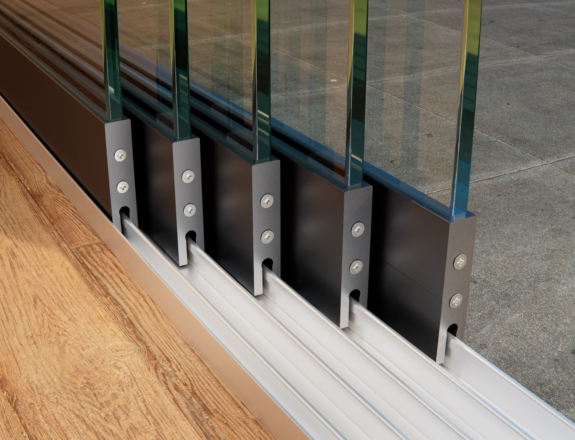 Large close-up of a 5-rail anthracite glass sliding wall
