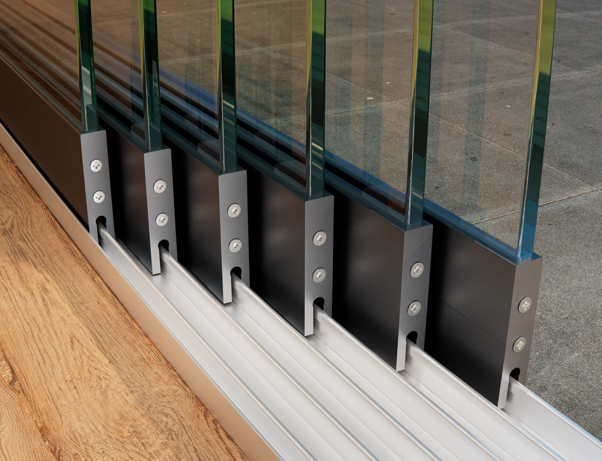 Large close-up of a 6-rail anthracite glass sliding wall