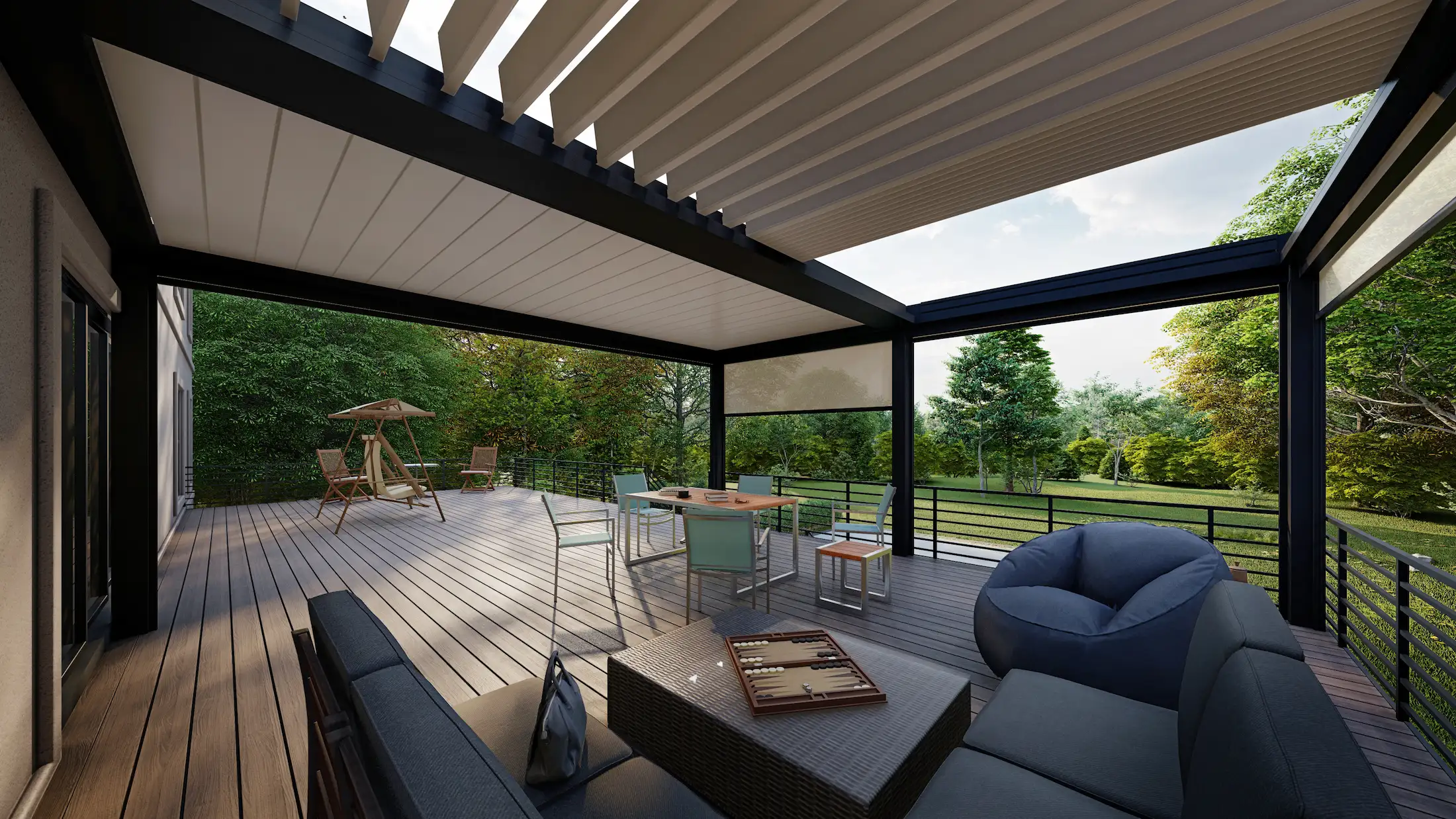 Side view of a seating area under a louvred roof