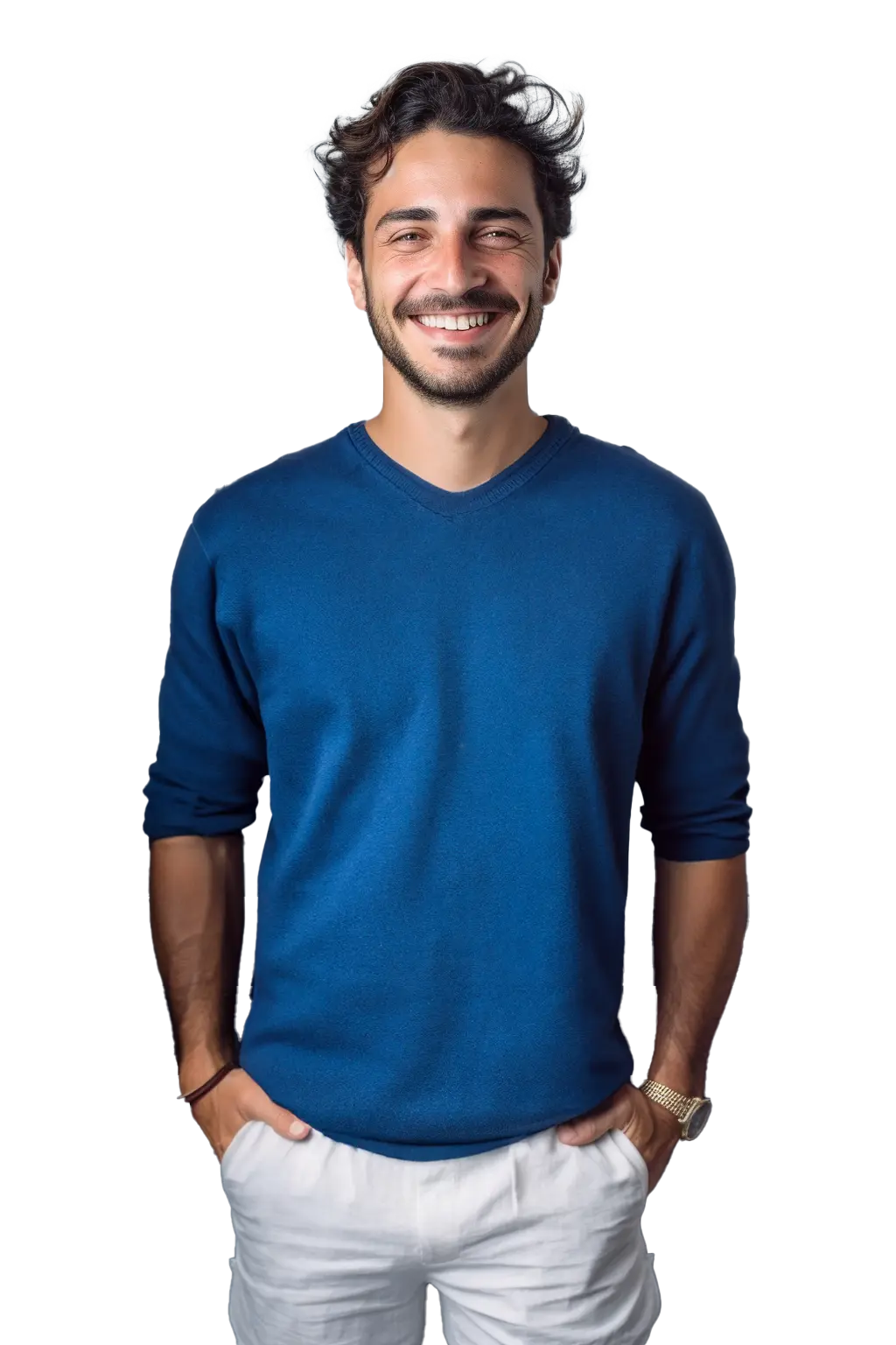 Man with black hair, a blue sweater and white trousers
