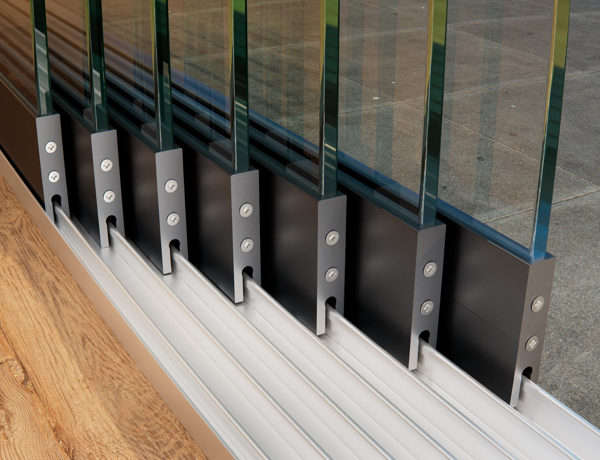 Large close-up of a 7-rail anthracite glass sliding wall